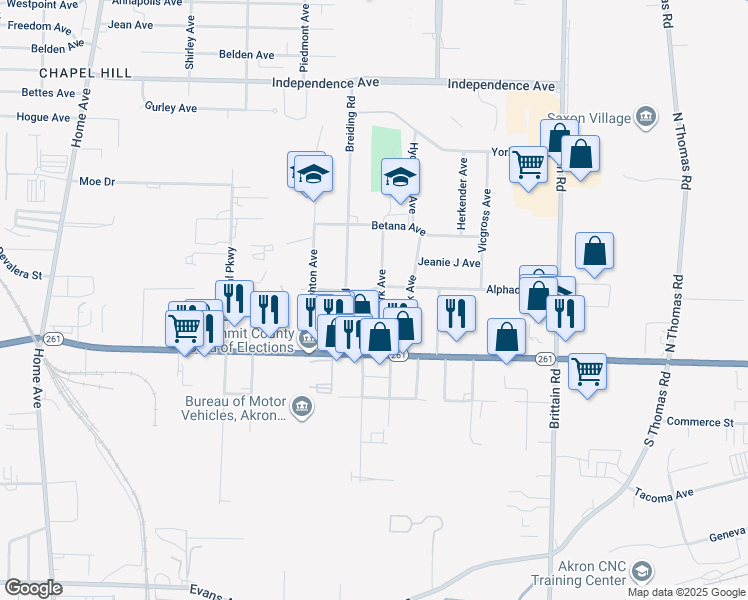 map of restaurants, bars, coffee shops, grocery stores, and more near 1500 Grand Park Avenue in Akron