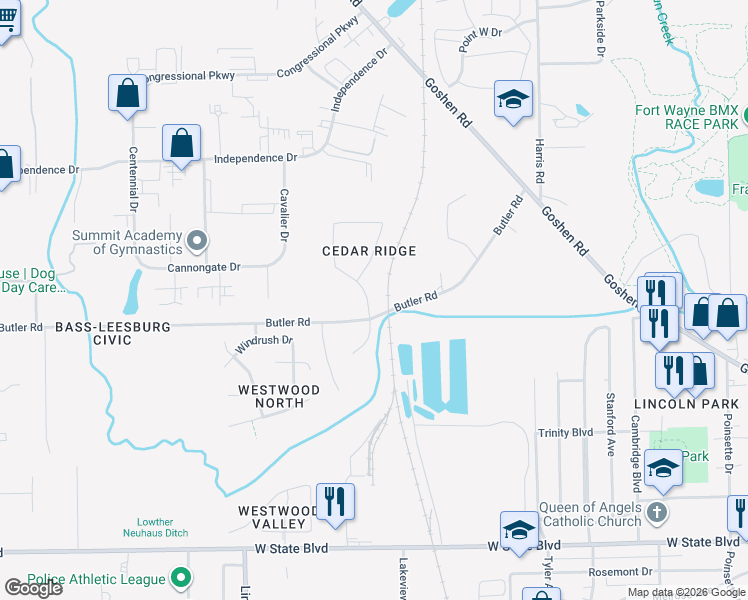 map of restaurants, bars, coffee shops, grocery stores, and more near 3124 Cedar Ridge Run in Fort Wayne