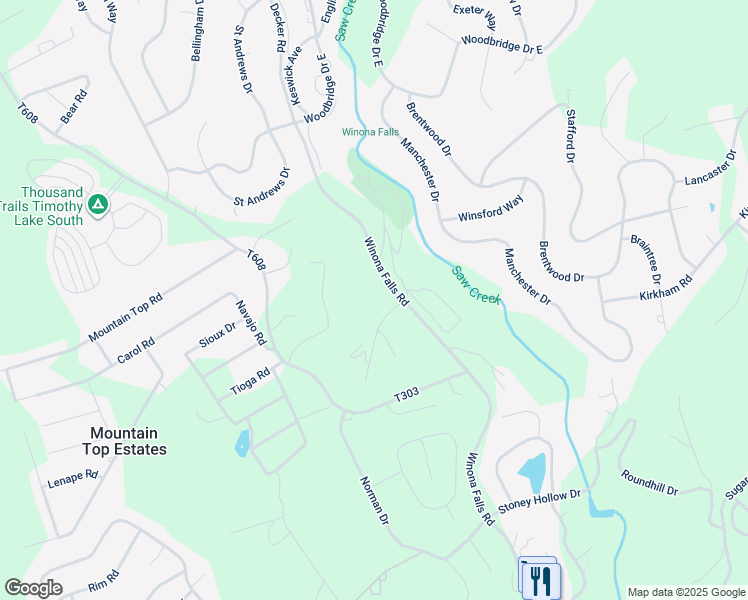 map of restaurants, bars, coffee shops, grocery stores, and more near 108 Falling Water Court in Bushkill