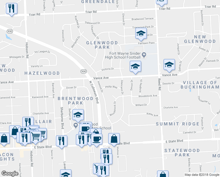 map of restaurants, bars, coffee shops, grocery stores, and more near 4136 Philip Way in Fort Wayne