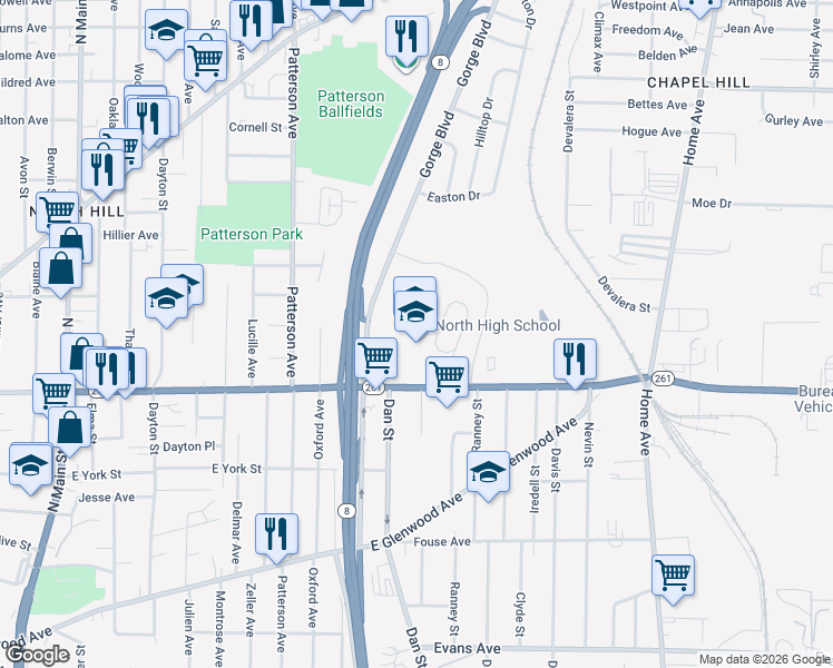 map of restaurants, bars, coffee shops, grocery stores, and more near 985 Gorge Boulevard in Akron