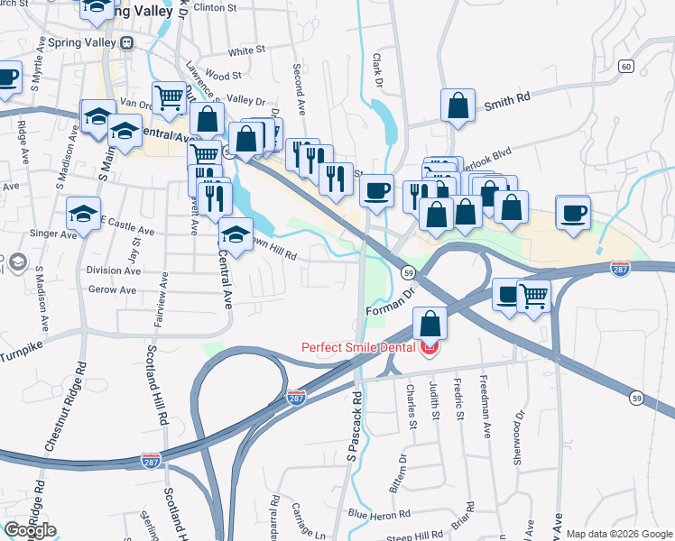 map of restaurants, bars, coffee shops, grocery stores, and more near 109 Town Hill Condominium in Nanuet