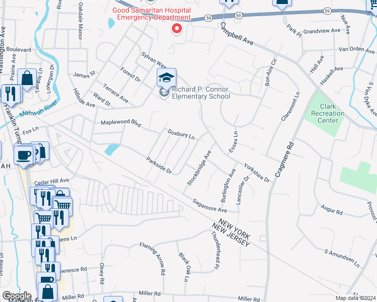 map of restaurants, bars, coffee shops, grocery stores, and more near 294 Parkside Drive in Suffern