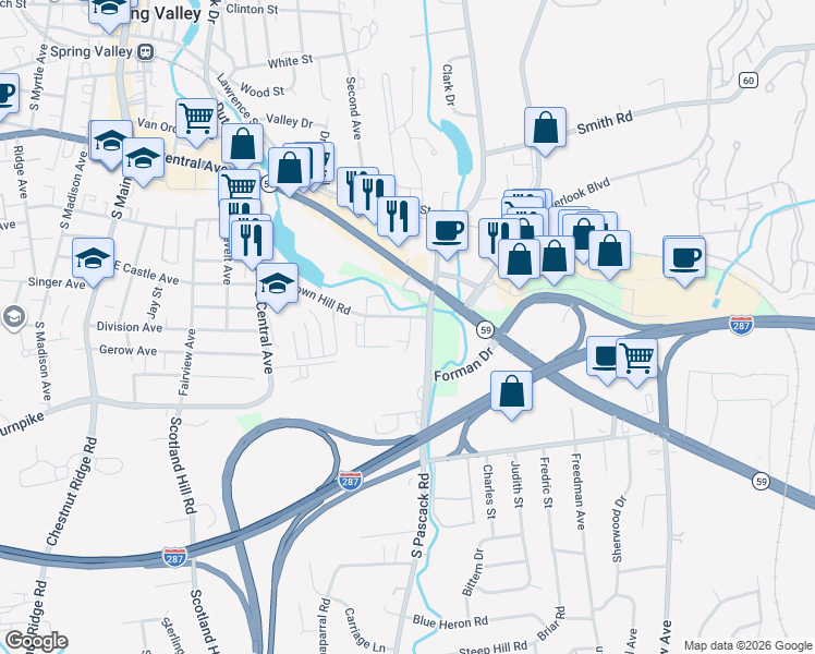 map of restaurants, bars, coffee shops, grocery stores, and more near 101 Town Hill Condominium in Nanuet