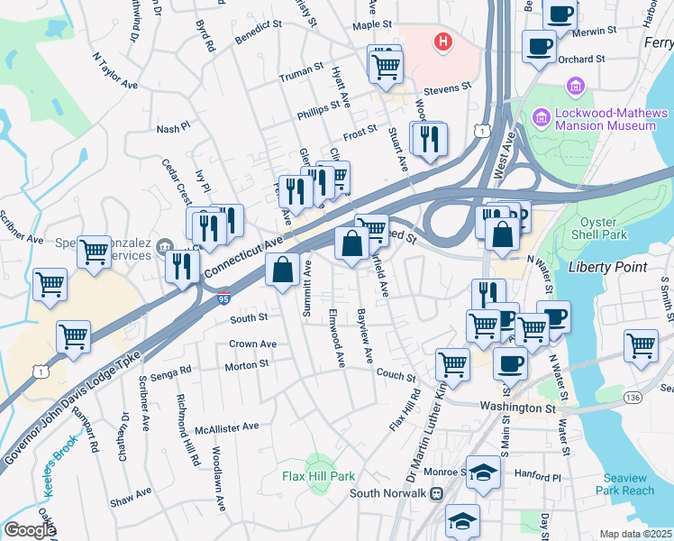 map of restaurants, bars, coffee shops, grocery stores, and more near 75 Cedar Street in Norwalk