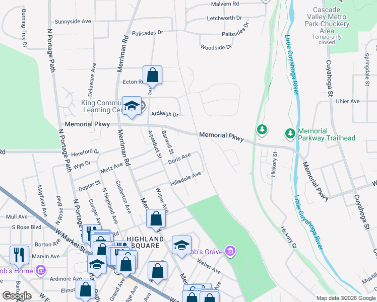 map of restaurants, bars, coffee shops, grocery stores, and more near 708 Memorial Parkway in Akron