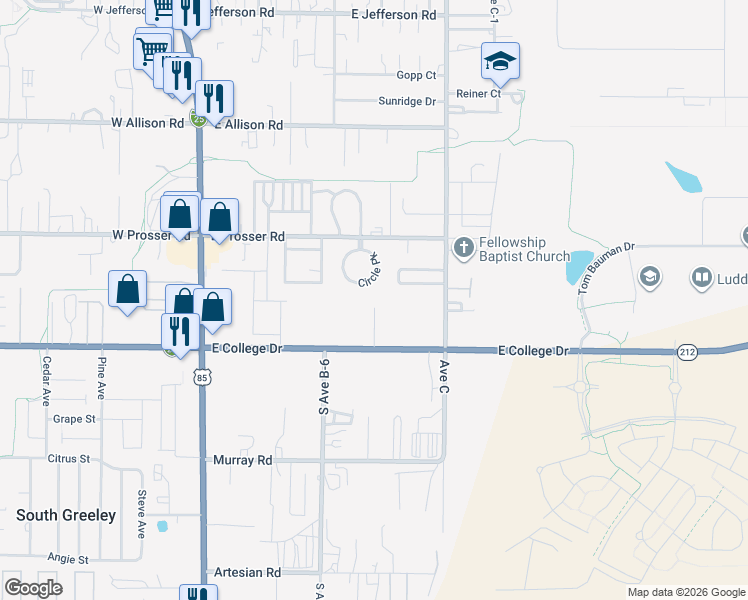 map of restaurants, bars, coffee shops, grocery stores, and more near 609 East Prosser Road in Cheyenne