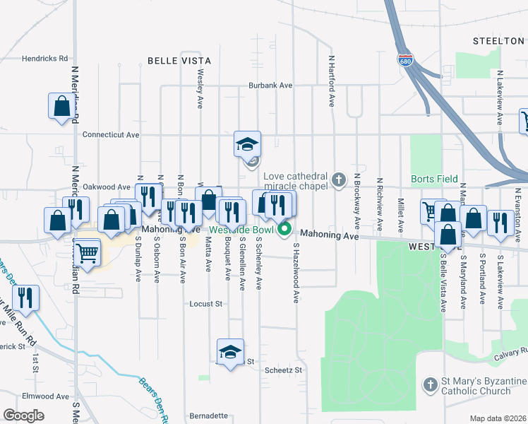 map of restaurants, bars, coffee shops, grocery stores, and more near 56 North Schenley Avenue in Youngstown