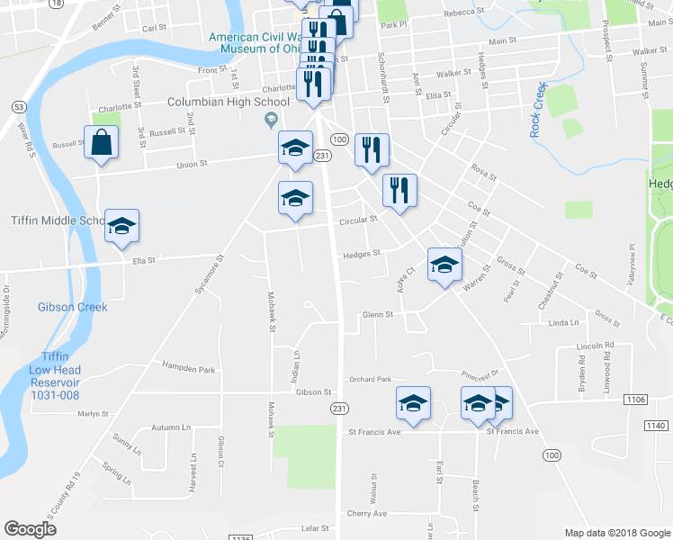 map of restaurants, bars, coffee shops, grocery stores, and more near 483 South Washington Street in Tiffin