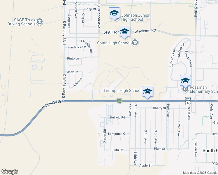 map of restaurants, bars, coffee shops, grocery stores, and more near 1515 Jazz Drive in Cheyenne