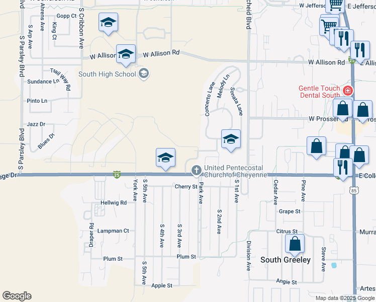 map of restaurants, bars, coffee shops, grocery stores, and more near 1524 Grand Harmony Boulevard in Cheyenne