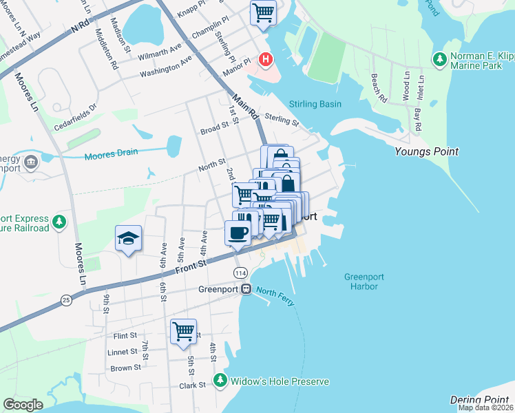 map of restaurants, bars, coffee shops, grocery stores, and more near 415 1st Street in Greenport