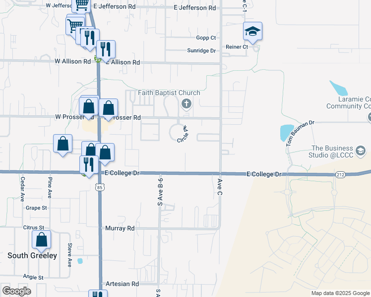 map of restaurants, bars, coffee shops, grocery stores, and more near 609 East Prosser Road in Cheyenne