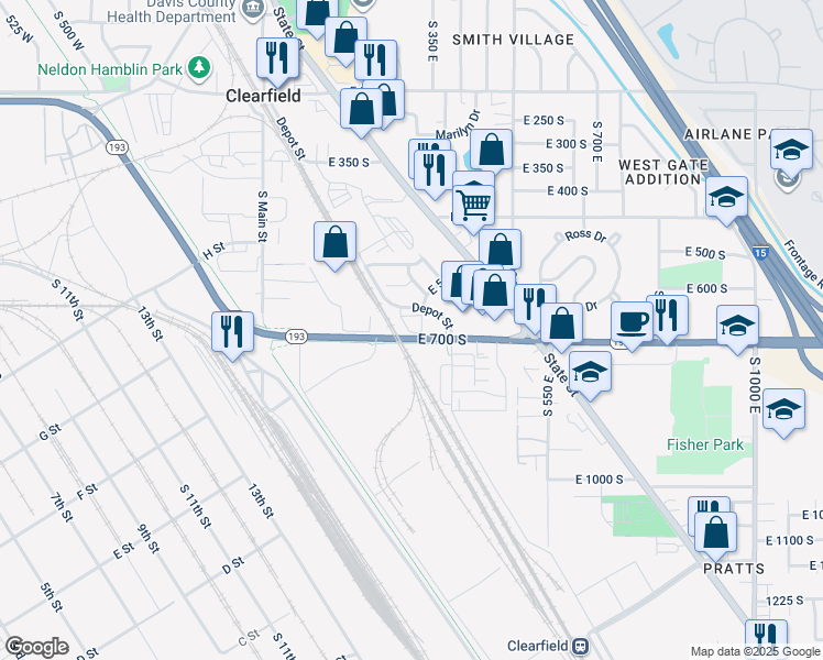 map of restaurants, bars, coffee shops, grocery stores, and more near 544 South 425 East in Clearfield