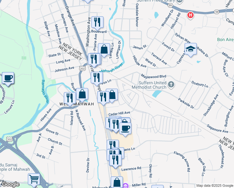 map of restaurants, bars, coffee shops, grocery stores, and more near 1004 Cumberland Court in Mahwah