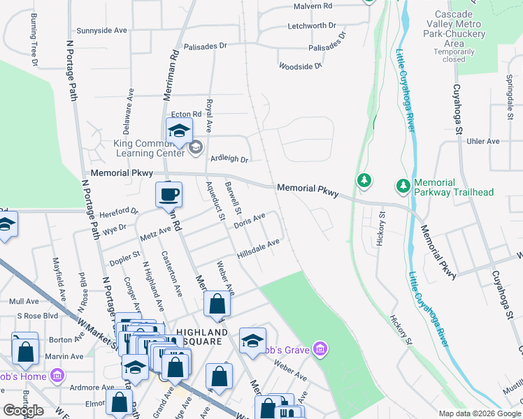 map of restaurants, bars, coffee shops, grocery stores, and more near 708 Memorial Parkway in Akron