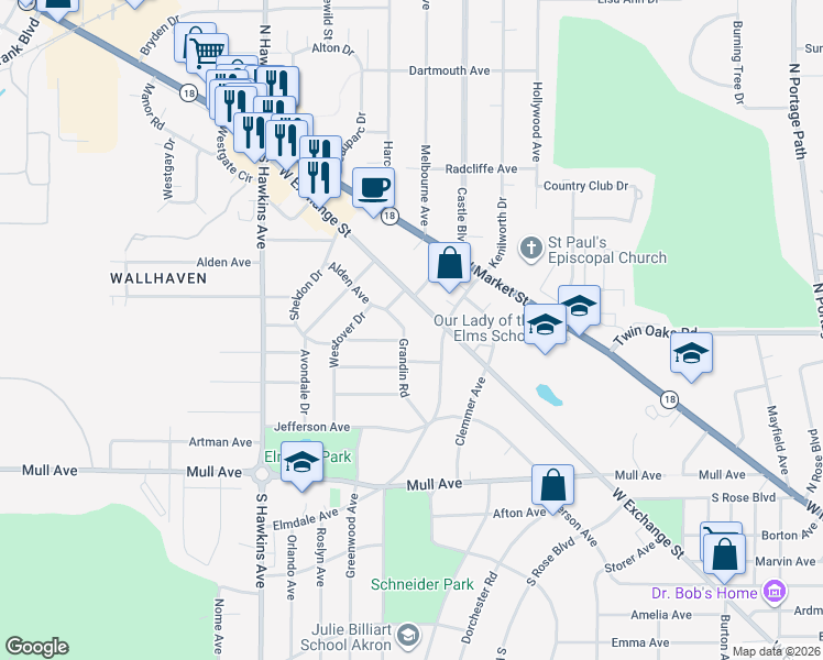 map of restaurants, bars, coffee shops, grocery stores, and more near 99 Grandin Road in Akron