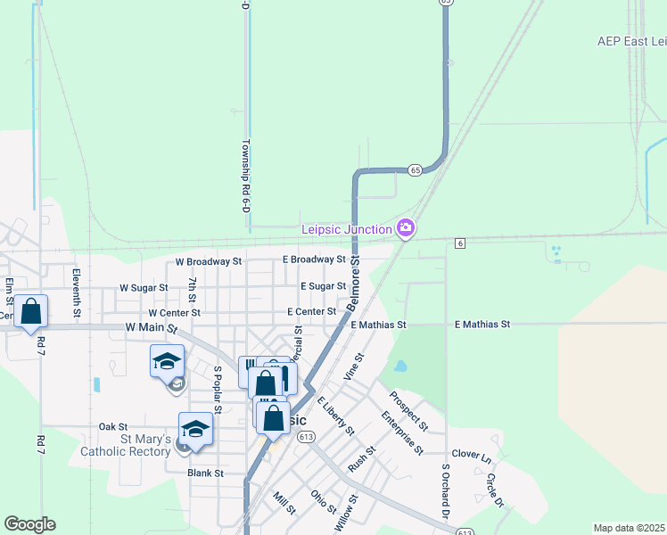 map of restaurants, bars, coffee shops, grocery stores, and more near 305 North Belmore Street in Leipsic
