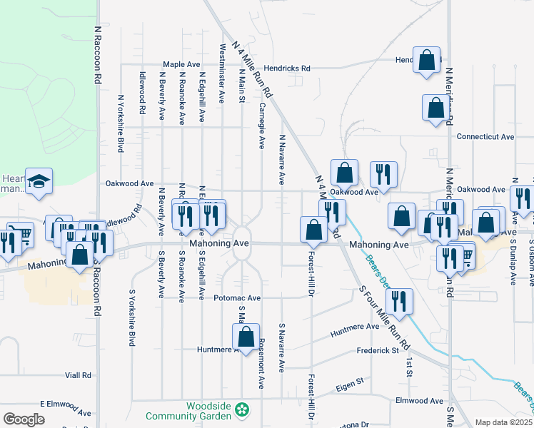 map of restaurants, bars, coffee shops, grocery stores, and more near 84 Carnegie Avenue in Youngstown