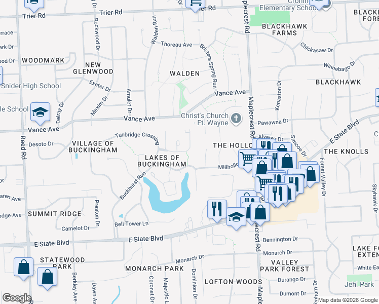 map of restaurants, bars, coffee shops, grocery stores, and more near 2998 Cutter Cove in Fort Wayne