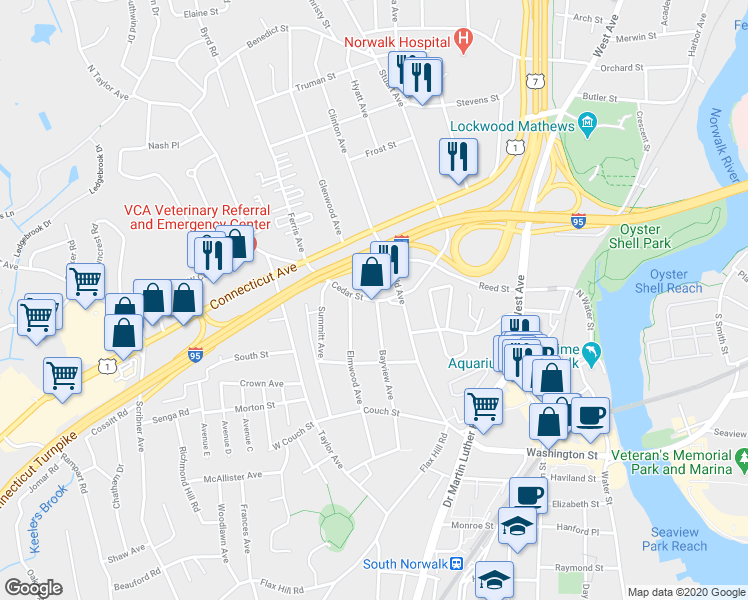 map of restaurants, bars, coffee shops, grocery stores, and more near 69 Cedar Street in Norwalk