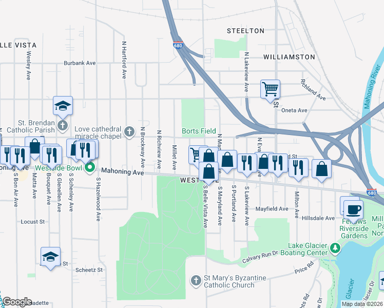 map of restaurants, bars, coffee shops, grocery stores, and more near 47 Fernwood Avenue in Youngstown