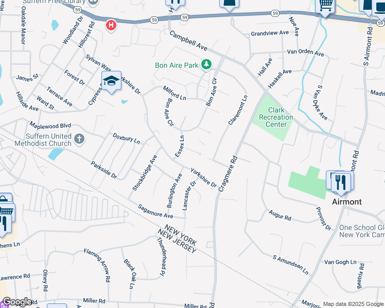 map of restaurants, bars, coffee shops, grocery stores, and more near 9 Revere Court in Suffern