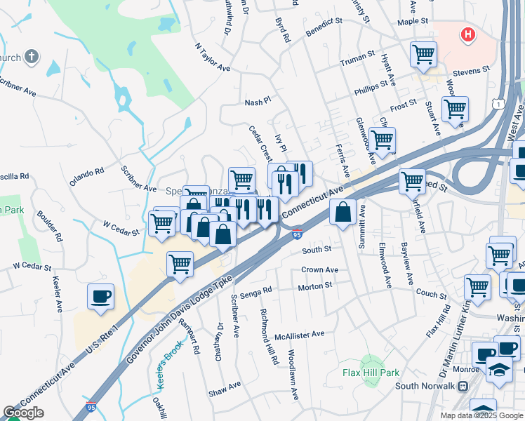map of restaurants, bars, coffee shops, grocery stores, and more near 151 West Cedar Street in Norwalk