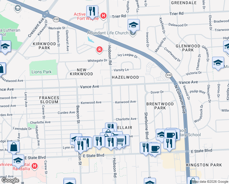 map of restaurants, bars, coffee shops, grocery stores, and more near 3226 Vance Avenue in Fort Wayne
