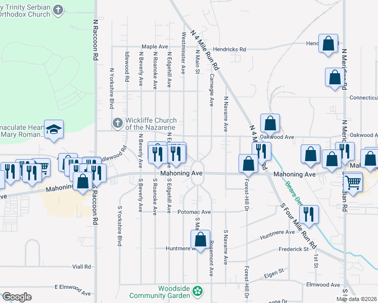 map of restaurants, bars, coffee shops, grocery stores, and more near 94 North Main Street in Youngstown