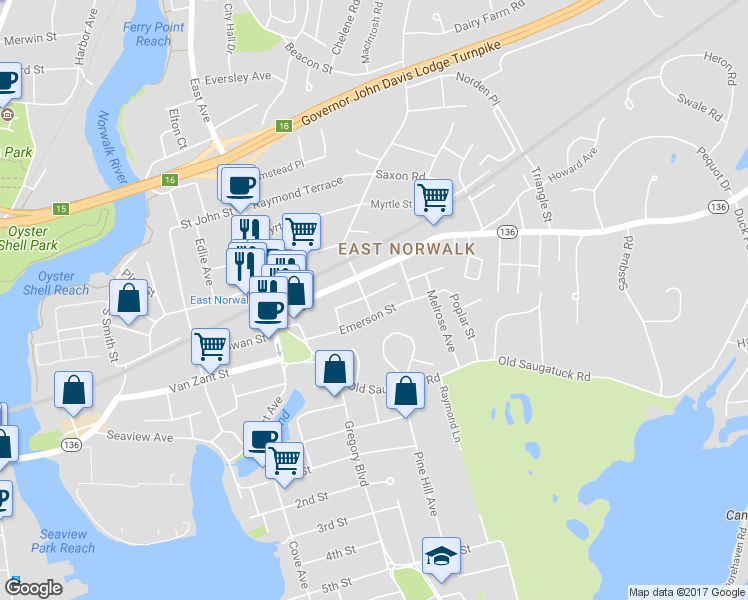 map of restaurants, bars, coffee shops, grocery stores, and more near 24 Russell Street in Norwalk