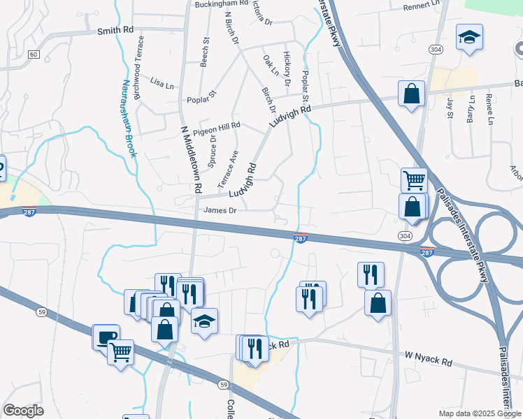 map of restaurants, bars, coffee shops, grocery stores, and more near 16 James Drive in Nanuet