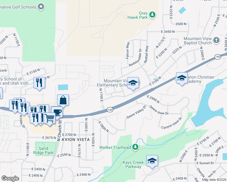 map of restaurants, bars, coffee shops, grocery stores, and more near 1821 East Whitetail Way in Layton