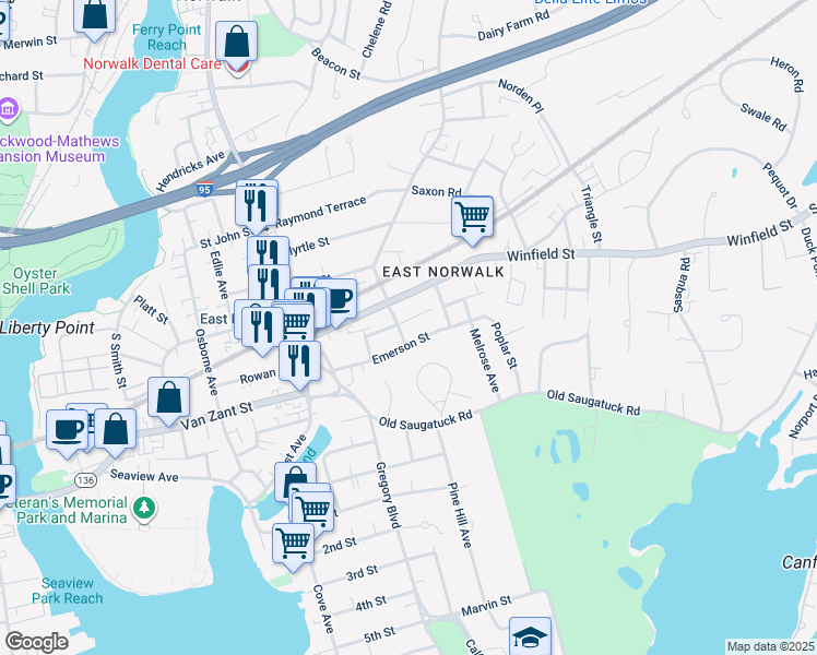 map of restaurants, bars, coffee shops, grocery stores, and more near 24 Russell Street in Norwalk