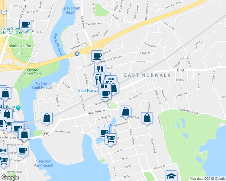 map of restaurants, bars, coffee shops, grocery stores, and more near in Norwalk