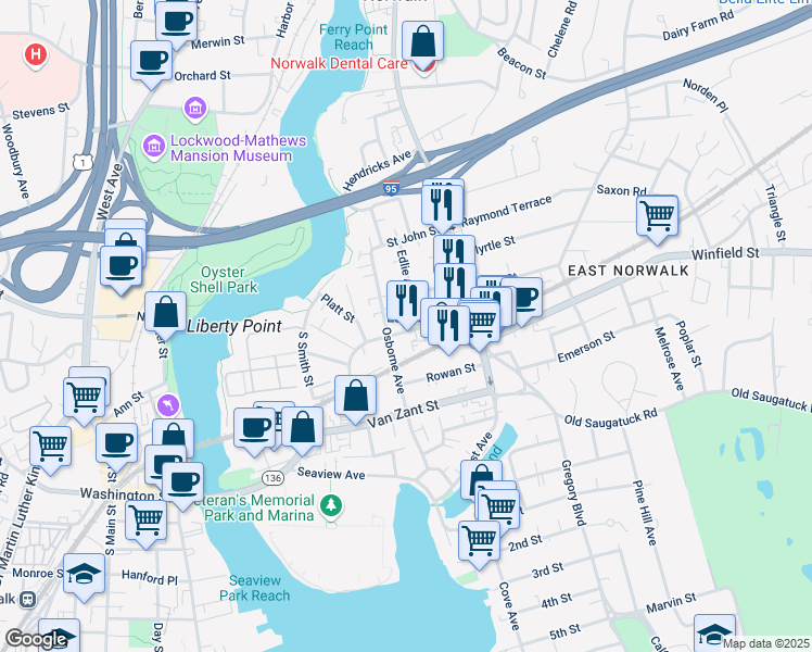 map of restaurants, bars, coffee shops, grocery stores, and more near 1 Edlie Avenue in Norwalk