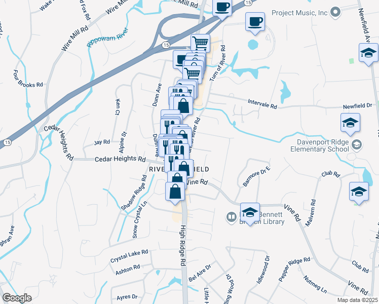 map of restaurants, bars, coffee shops, grocery stores, and more near 969 High Ridge Road in Stamford