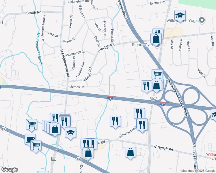 map of restaurants, bars, coffee shops, grocery stores, and more near 1-17 Jeanne Marie Gardens in Nanuet