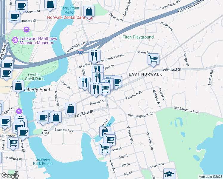 map of restaurants, bars, coffee shops, grocery stores, and more near in Norwalk