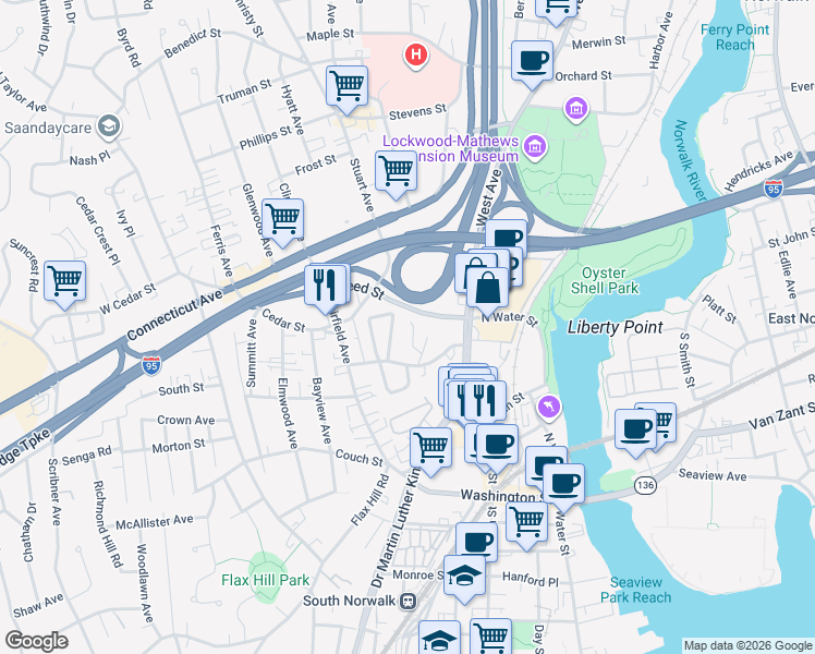 map of restaurants, bars, coffee shops, grocery stores, and more near 11 Rockridge Drive in Norwalk