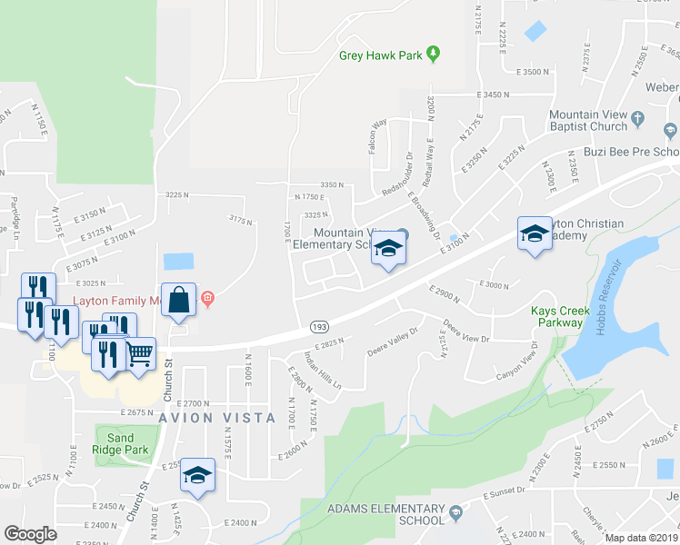 map of restaurants, bars, coffee shops, grocery stores, and more near 3130 North Peregrine Way in Layton