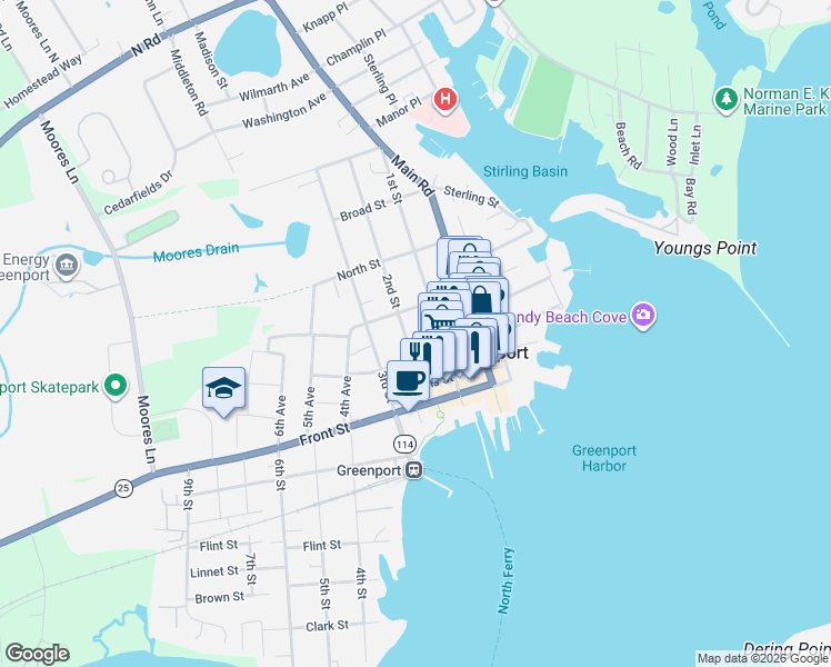 map of restaurants, bars, coffee shops, grocery stores, and more near 433 1st Street in Greenport