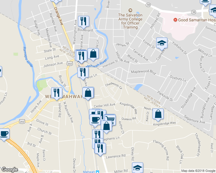 map of restaurants, bars, coffee shops, grocery stores, and more near 1090 Coventry Way in Mahwah