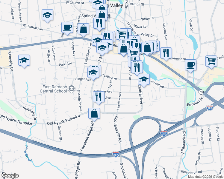 map of restaurants, bars, coffee shops, grocery stores, and more near 6 Jay Street in Spring Valley