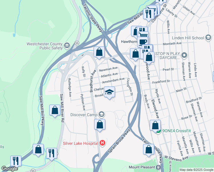 map of restaurants, bars, coffee shops, grocery stores, and more near 90 Amsterdam Avenue in Hawthorne