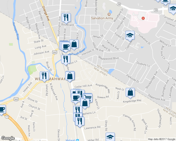 map of restaurants, bars, coffee shops, grocery stores, and more near 1062 Chedworth Circle in Mahwah