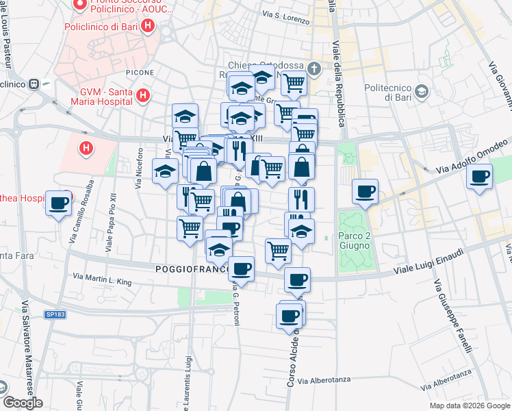 map of restaurants, bars, coffee shops, grocery stores, and more near 15 Via Giovanni Colella in Bari