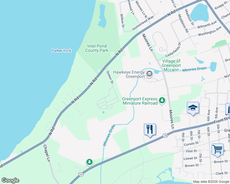 map of restaurants, bars, coffee shops, grocery stores, and more near Queen Street in Greenport