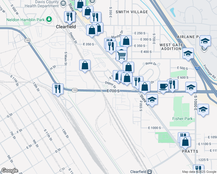 map of restaurants, bars, coffee shops, grocery stores, and more near 651 South 450 East in Clearfield