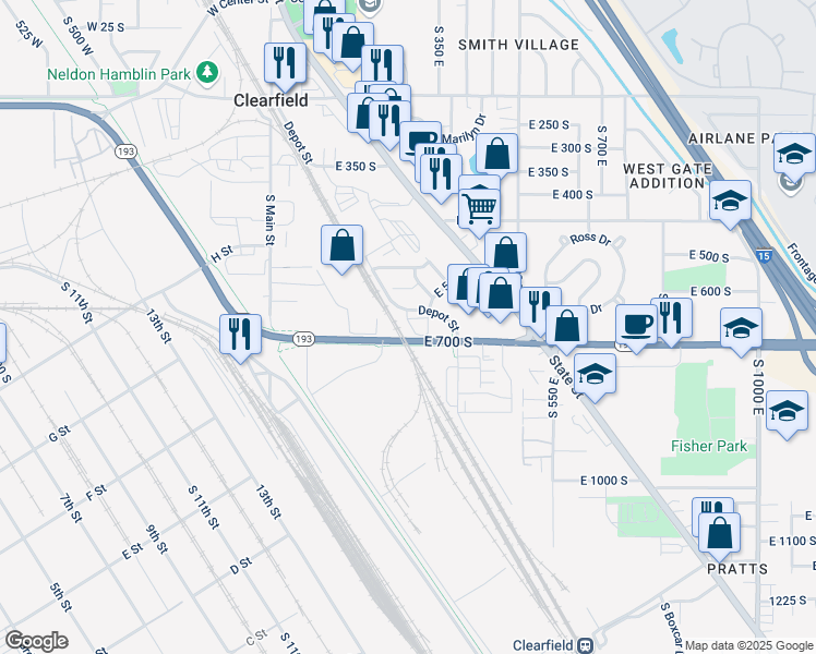 map of restaurants, bars, coffee shops, grocery stores, and more near 668 South 400 East in Clearfield